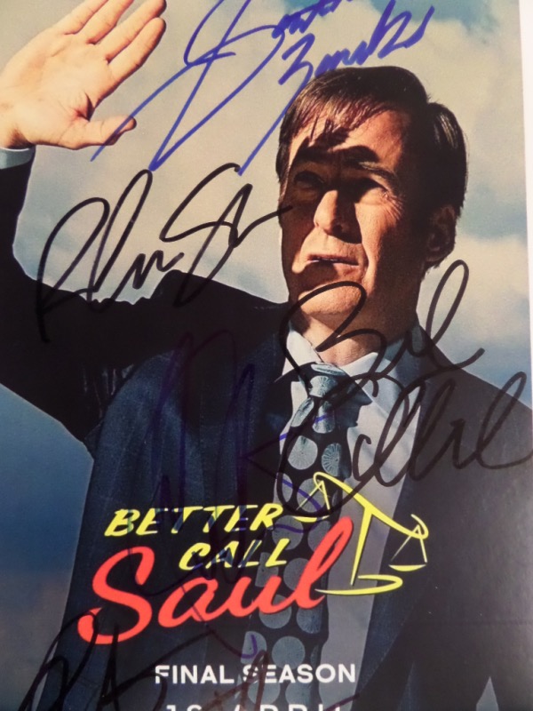 This is your first chance at a memento from the recently-completed, critically-acclaimed prequel to Breaking Bad.  This full color "Better Call Saul" publicity promo sheet is 8.5x11 and comes hand-signed in bold black and blue sharpie by 5 stars of this all time great series.  Included are Bob Odenkirk, Jonathan Banks, Rhea Seehorn, Michael Mando and Patrick Fabian--probably the five biggest stars of the show--and this first time CCSA offering is valued into the high hundreds.  AND, there's a Breaking Bad photo in this auction as well.  Get both for a one of a kind display!