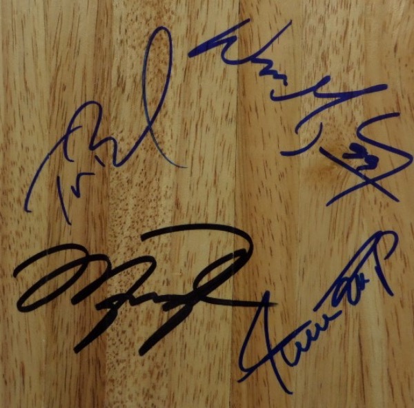 This NM/MT wooden floor board measures 6x6, and features black/blue sharpie signatures from four of the greatest athletes of all time from their respective sports.  Each of the four major sports is represented by an all time great here, and included are Tom Brady from football, Willie Mays from baseball, Wayne Gretzky from hockey and Michael Jordan from basketball.  Probably the greatest living players from each sport are on here, and retail is high hundreds ... or even higher!
