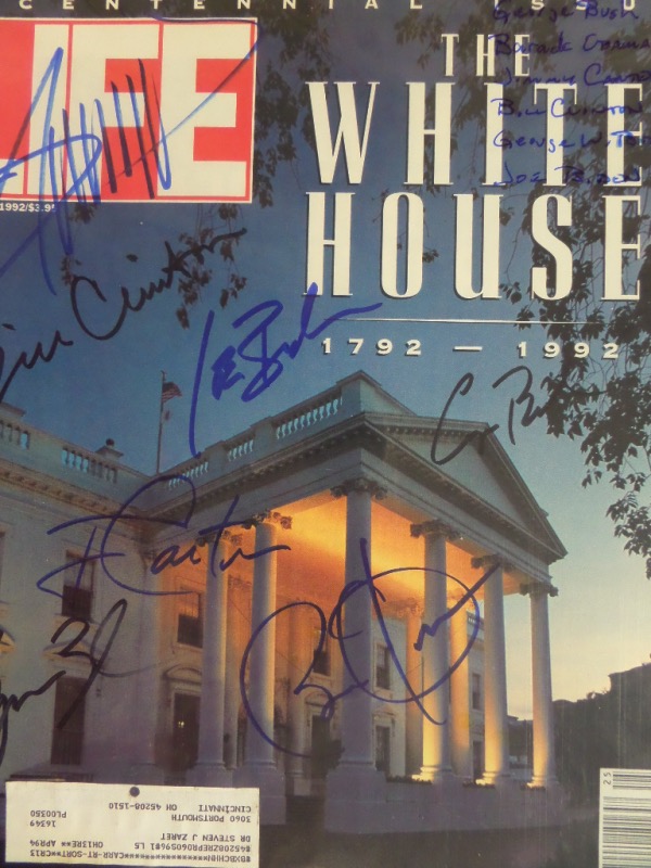 This October 30, 1992 full issue of LIFE magazine shows an image of the White House on the cover, and is front-signed by no less than 7 United States Presidents!  Included are Donald Trump, Barack Obama, George W. Bush, Bill Clinton, Joe Biden, George H.W. Bush (dec) and Jimmy Carter, and all sharpie signatures are bold on this color cover photo of the White House!  Retail is into the low thousands on this gem!