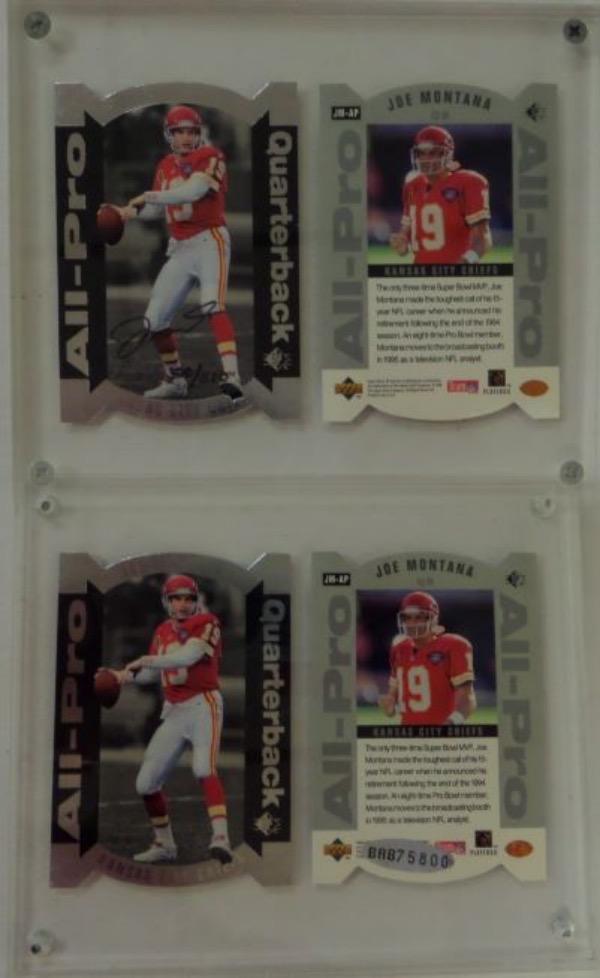 This roughly 5x6 lucite "screw down" card holder display features two 1995 Upper Deck Joe Montana All Pro football cards, one of which is hand-signed in black by the all time great himself.  The signature grades about a 7, is numbered 320/500, and the card is affixed with a hologram from Upper Deck (BAB75800) for rock solid authenticity.  Valued well into the mid/high hundreds!