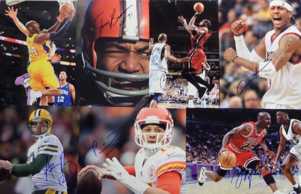 This fantastic first time offering is a group of TWENTY 8x10 photos of athletes, with many big time stars.  Each is personally-penned by the individual shown, and included are high octane names like Kobe Bryant (dec), Patrick Mahomes, Aaron Rodgers, Allen Iverson, Bo Jackson, Jim Brown, Dwyane Wade, Shaq O'Neal, Michael Jordan, DeMarcus Cousins and more.  AWESOME sports lot here, and retail is low thousands!!!