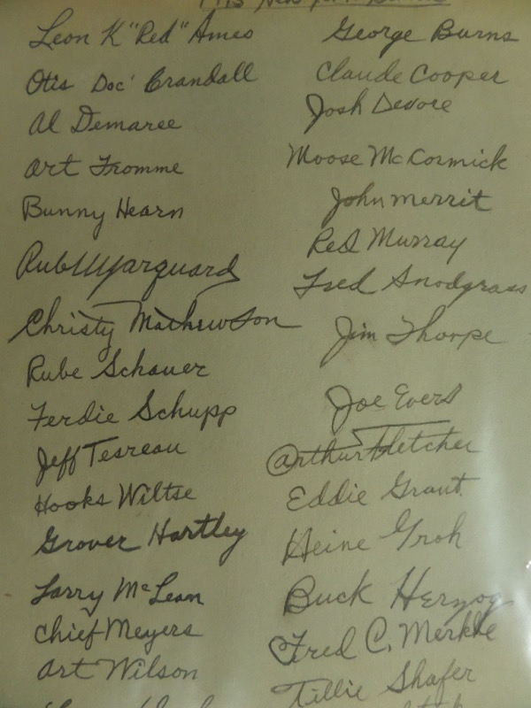 This vintage piece of paper is approx. 8"x11" in size and in EX shape and beige in color.  It comes signed in black inks by 30 members of this popular team that was star-studded.  The autographs are in fantastic shape and included are big names like MATHEWSON,MARQUARD, FLETCHER,HERZOG,GROH,MERKLE,SNODGRASS,DOYLE,WILTSE, MEYERS,THORPE,ETC.. Comes with a COA from Barry Halper for authenticity purposes. 