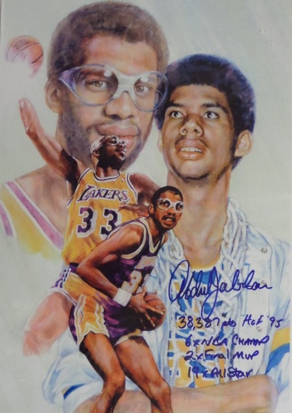 This awesome piece is a full color artist's litho print, measuring 11x17, with four different images of Kareem, both with the Lakers and UCLA.  It is hand-signed by the NBA's all time leading scorer himself in blue sharpie, complete with 38,387 pts, HOF '95, 6X NBA Champ, 2X Finals MVP and 19X All Star inscriptions.  Ideal for framing and display, and retail is well into the hundreds!