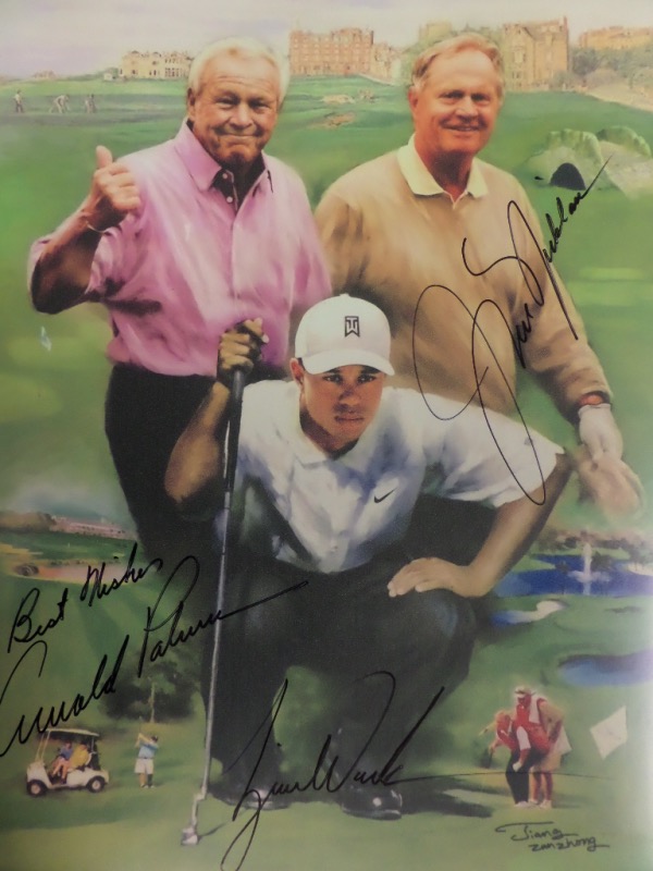This giant 16x20 color gem shows Tiger Woods, Jack Nicklaus and Arnold Palmer on the links, and comes boldly black sharpie signed on  great viewing spots by all 3. It grades a 10 all over, shows off EZ from 35 feet away, and value is many times our asking price. It is a must have and must frame work, and may be a one of a kind from a talented artist.