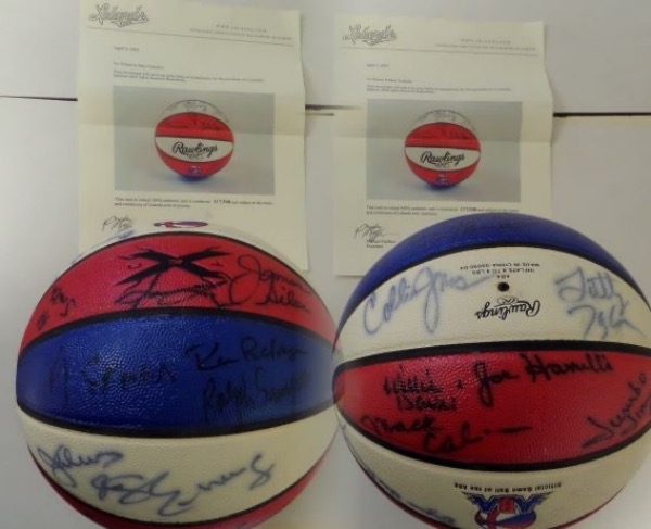 This REAL game ball is from the ABA, done in the colorful red, white and blue style, and comes black marker signed by MANY!!! This one is 117/300 ever done and sold by Lelands Auctions, and has a story card attached for assurance as well. Some high value autographs appears from the likes of:Julius Erving, George Gervin, Moses Malone, Artis Gilmore, Marvin Barnes etc. etc. etc. Amazingly rare chance and sold now for thousands!  