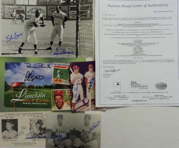 This one of a kind collector's chance is FIVE different flats and photos, each of which comes hand-signed by more than one Phillies player of yesteryear.  Included are a show card, autographed by both Del Ennis and Tim McCarver, a photo postcard, autographed by Phils catchers Joe Lonnett and Mack Burk, a color snapshot photo, signed by Richie Ashburn, Granny Hamner and Del Ennis, a color golf club photo card, signed by Robin Roberts and Curt Simmons, and a black and white 8x10 photo, autographed by both Frank Torre and Roy Sievers.  That's 11 signatures in total, and the lot comes with a copy of the original Huggins & Scott Auction JSA group LOA for authenticity purposes.  