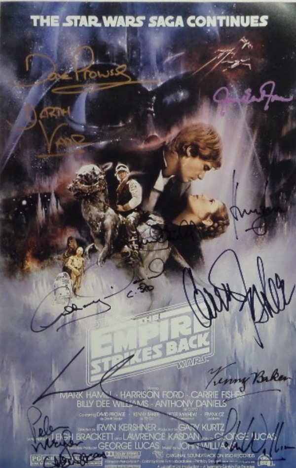 This full color 11x17 print is of the original poster for the 1980 megahit, "The Empire Strikes Back," the sequel to 1977's "Star Wars."  This one is hand-signed by TEN, including George Lucas, John Williams, Harrison Ford, Mark Hamill, Carrie Fisher, James Earl Jones, Dave Prowse, Anthony Daniels, Kenny Baker and Peter Mayhew, and three are now deceased.  A true STAR WARS GEM here, and retail is high hundreds!