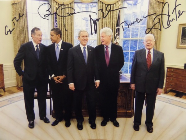 This color 11x14 Oval Office photo shows all five living United States Presidents, and comes hand signed in black sharpie by each and every one of them.  Included are Bush, Clinton, Carter, Bush, and Obama, and this photo will frame exquisitely to become the envy of any and ALL onlookers.  Bush Sr is gone, and a couple of these icons don't look like they're going to be around much longer, so this photo is, no doubt, a solid investment item!