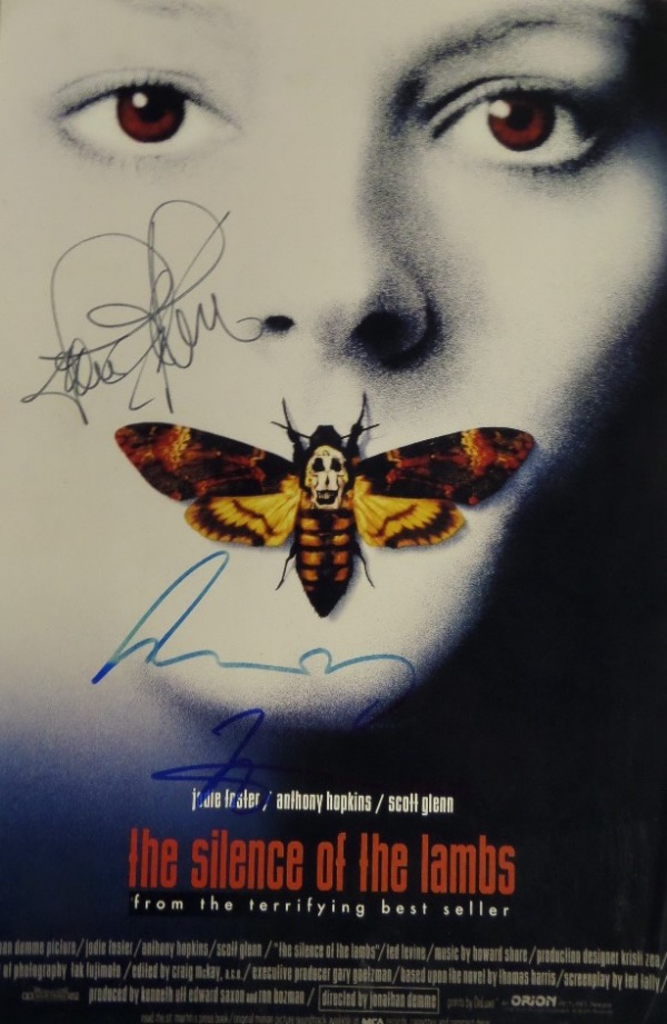 This full color movie poster print is for the 1991 classic, "The Silence of the Lambs," one of only 3 films in history to sweep all major Academy Awards.  This one is hand-signed by the film's three biggest stars, with Scott Glenn and Oscar winners Anthony Hopkins and Jodie Foster.  A rare movie collector's item from a true cinematic classic, and retail is high hundreds!