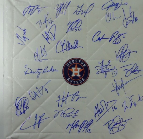 This 15x15 white base is in NM/MT condition, with a Houston Astros team logo affixed to the center.  It is hand-signed in blue sharpie by 28 World Champion Astros, including Baker, Altuve, Valdez, Bregman, Alvarez, Tucker, Verlander, Pena and so many more.  Celebrate this year's long overdue Astros championship with this baby!