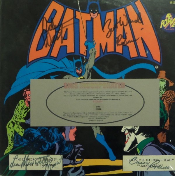 This original 1975 "BATMAN" LP album is in EX overall condition, and comes front cover-signed in black felt tip marker by four big stars from the hit television show.  Included are Burt Ward, Adam West, Lee Mayweather and Caesar Romero, with signatures grading 6's to 7's, and the album includes a COA from Sigs Incorporated.  With 2 of the 4 now deceased, retail is high hundreds!