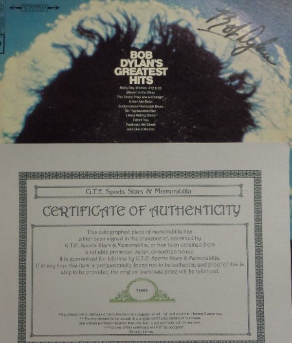 This original "Bob Dylan's Greatest Hits" LP album is in EX overall condition, and comes front cover-signed in black felt tip marker by the folk/rock music icon himself.  The signature grades about an 8 overall, and the album comes with a COA from GTE Sports Stars & Memorabilia for authenticity purposes.  Valued well into the hundreds!