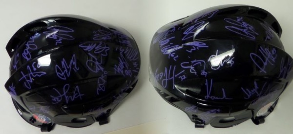 This awesome collector's item is an absolute MUST for Avs fans to celebrate their 2022 Stanley Cup!  This black NM full size hockey helmet is hand-signed in purple paint pen by more than 30 members of the squad, including Gabriel Landeskog, Mikko Rantanen, Nazem Kadri, Andre Burakovsky, Cale Makar, Nathan McKinnon, Darcy Kuemper and more.  A fantastic Avalanche item, valued into the high hundreds!