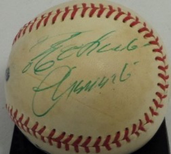 This vintage red-laced Babe Ruth League baseball from Spalding is in VG+ condition and ready for display.  It is green ink-signed on a side panel by tragically deceased HOF Pirates immortal Roberto Clemente.  Signature is a legible 7 overall, and a fine example!  Valued well into the thousands!