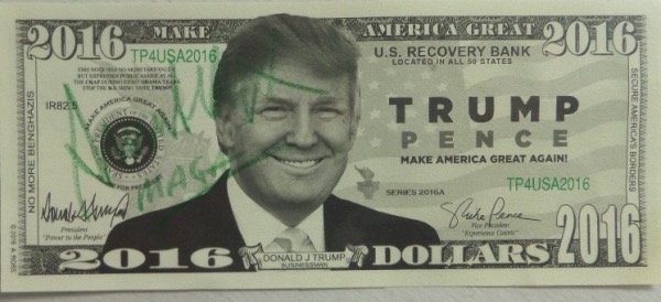 This 2016 special Trump/Pence Make America Great Again Trump dollar bill features an image of the former President, and comes hand-signed in green artist's pencil by the man himself.  The signature grades a legible 7, complete with a MAGA inscription, and this custom dollar is worth a whole bunch of real ones!