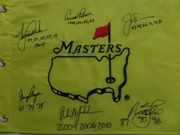 Coach's Corner - Masters Three Time Winners Multi Signed Pin Flag, By 6!