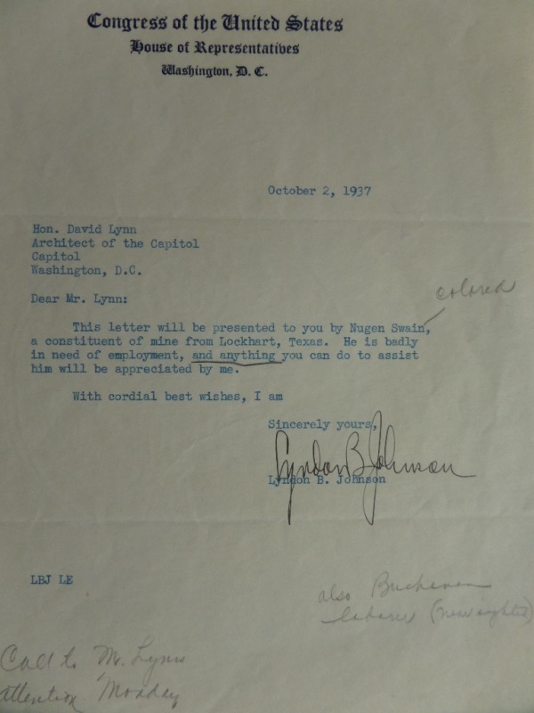 This full page on Congress of the United States letterhead is still in EX overall condition, addressed and type-written to a Mr. Lynn, with some writing presumably from Johnson's secretary Sherman Birdwell toward the bottom.  It is hand-signed in black by the then-US Congressman, who would go on to become Senator, VP, and then, the 36th US President.  Reading Lyndon B. Johnson, the autograph grades an overall 8.5, and with Johnson's death now a half century ago, this one of a kind item is valued into the low thousands!