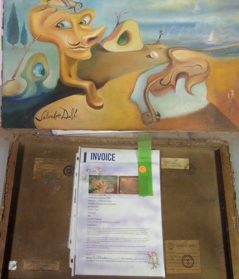 This large original comes black marker signed along the bottom by the master and comes with a 1989 appraisal for $15,000. It is titled "Trilogy of the Dessert-Ships in the Distance" and has lots of tan, brown and greenish colors in it. It is a 1946 oil painting from the surrealist and close to 15x20  in size. Do not pass on this one!! 