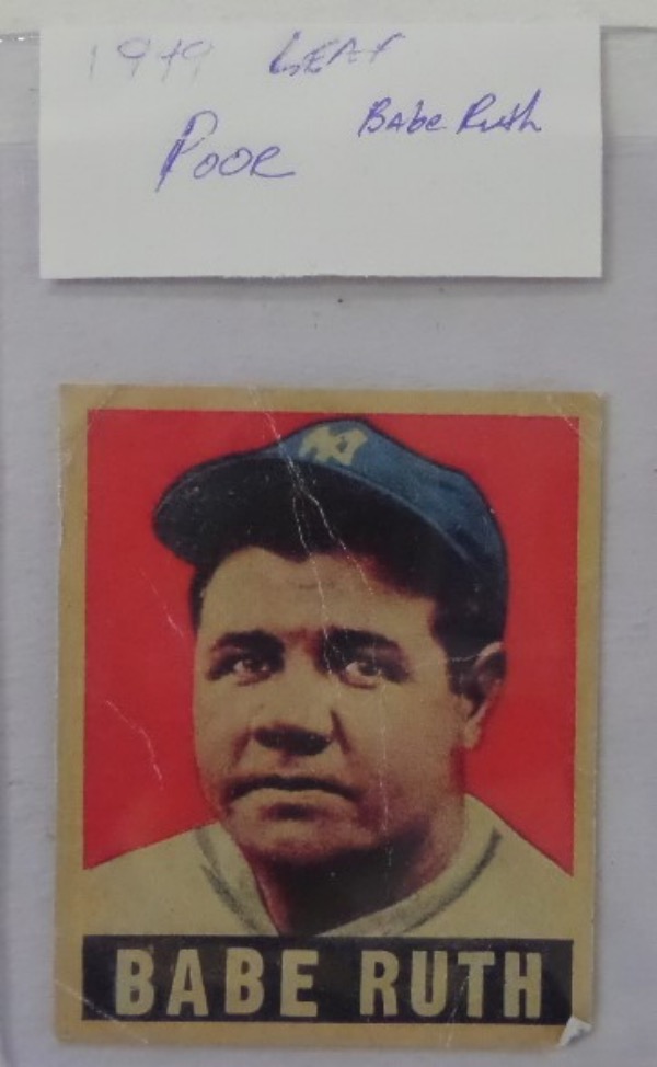 This baseball card from 1949 Leaf is card #3 and of BABE RUTH, with the red background.  This card is in POOR condition with creases and stains evident,and corner wear.  The back has creases evident, and some paper loss, but a great card for any Babe Ruth card collector who doesn't need the best