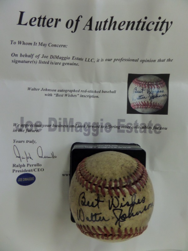This nicely used old ball is circa 1940's, has red-lacing, and comes black ink, sweet spot signed by the long deceased HOF pitcher known as the "Big Train". It has "Best Wishes" added as a bonus, shows off EZ from 18 feet away, and most importantly, has a full LOA from the Joe DiMaggio Estate for certainty. Wow..Can't beat this Cooperstown investment chance, and just look at the opening bid.