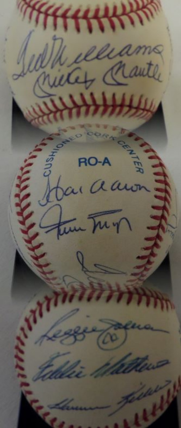 This superior, must have collectible is a 1989 show ball, official from the AL and Rawlings, and comes ink signed by everyone from that AC show. It holds 11 HOF signatures, features Ted and Mickey sharing the sweet spot, while Hank, Willie, Reggie and the rest are nearby in side panels. Add in Lee's OK, and you have a winner! 
