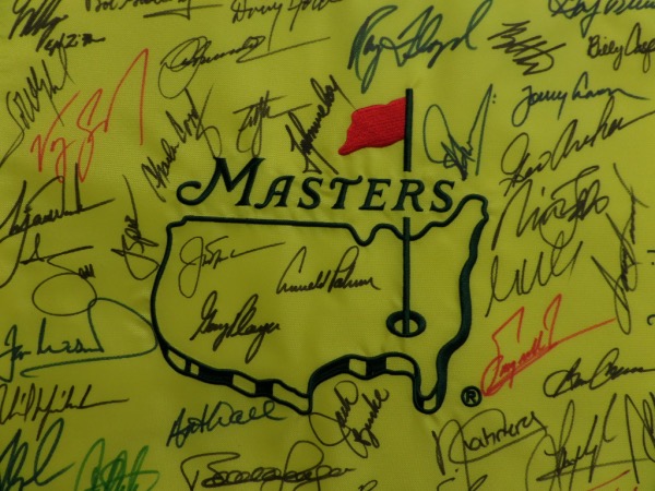 This yellow Masters logo pin flag is a MINT, authentic style flag that is hand-signed by no less than 40 champions of the Augusta International major tournament.  Included are Palmer, Player, Nicklaus, Faldo, Langer, Nelson, Mickelson, Woods, Zoeller, Cabrera, Crenshaw, Snead, O'Meara, Watson, Floyd, Singh and more.  Just an incredible PGA collector's item, and the retail value here is into the stratosphere!