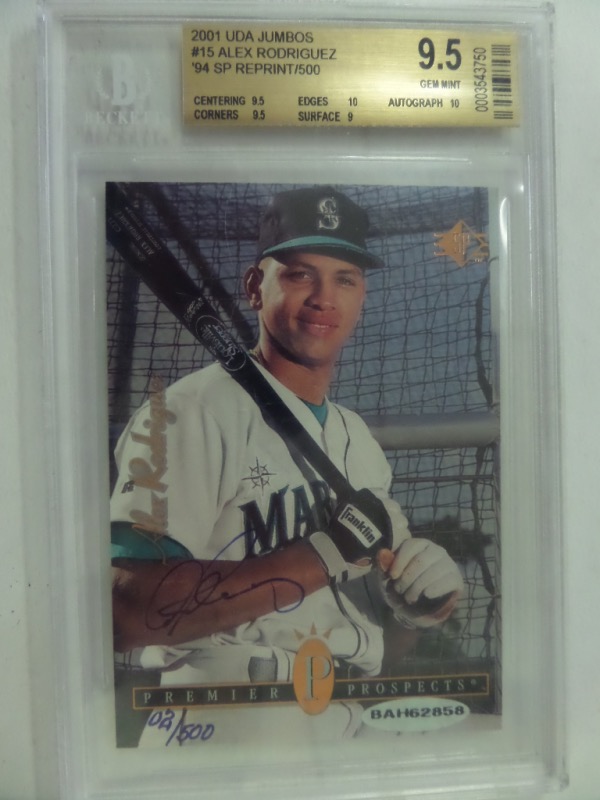 This 2001 Upper Deck #15 Alex Rodriguez Star Rookie reprint card is large, comes slabbed a Gem Mint 9.5 by Beckett, and comes hand-signed in blue sharpie by the 696 HR star himself.  The signature grades an 8 overall, and the card comes with both a hologram from Upper Deck (BAH62858) for absolute authenticity, and the card is even numbered 02/500!!!  Valued well into the high hundreds!