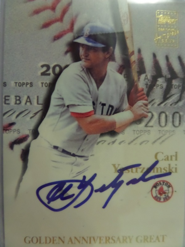 This 2001 Topps Golden Anniversary Autographs Carl Yastrzemski baseball card is in NM/MT condition, and comes hand-signed in bold blue sharpie by the 3000 Hit and HOF Red Sox great himself.  It is affixed with a hologram directly from Topps (1305473) for absolute authenticity, and is valued into the mid/high hundreds!