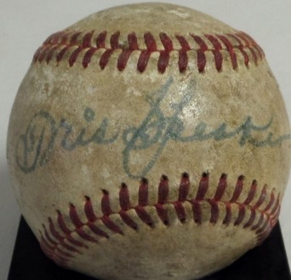 This very old, red-laced baseball is unlabeled, and comes to us in F overall condition.  It is hand-signed across the sweet spot in blue fountain pen ink by the Grey Eagle himself, 1937 HOF inductee, Tris Speaker.  The signature has faded evenly with the ball, grading about a 4.5-5 overall, and the ball comes with a full LOA from The Joe DiMaggio Estate for authenticity purposes.  A true diamond legend, and retail is well into the thousands!