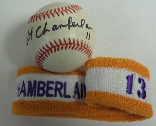 This one of a kind group lot includes two items directly from NBA legend, Wilt Chamberlain.  Featured are an actual GAME USED Los Angeles Lakers Chamberlain 13 head band, worn with the Lakers in the late 1960's to early 1970's, as well as an official 1990 World Series baseball, signed on the sweet spot in black sharpie by The Big Dipper himself.  Valued well into the hundreds from this long-deceased sports icon!