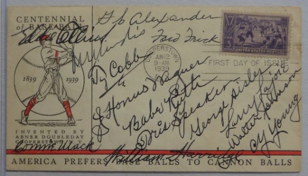 This STUNNING and historic collector's item is a June 12, 1939 stamped First Day of Issue Baseball Centennial cachet, hand-signed in black by 11 original 1930's Hall Inductees, as well as both League Commissioners and the BIG Commish.  Included are Babe Ruth, Ty Cobb, Grover Alexander, Kennesaw Mountain Landis, Eddie Collins, Honus Wagner, George Sisler, Walter Johnson, Cy Young, Connie Mack, William Harridge, Ford Frick and Larry Lajoie.  Signatures here are absolutely GORGEOUS--please see our attached photo, and retail value here is five figures, easily!