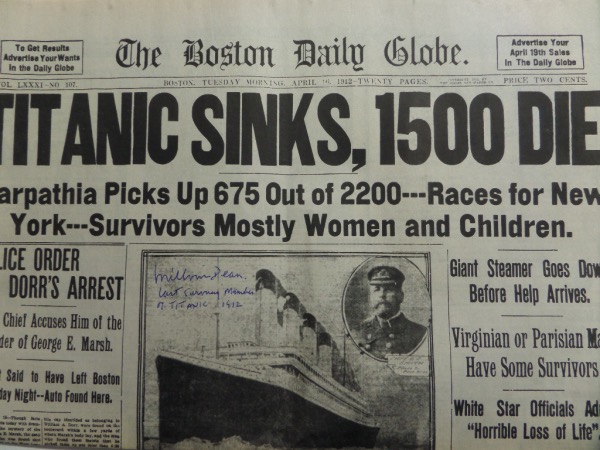 This highly sought-after collector's item is a beautiful copy of the original April 16, 1912 full Boston Globe newspaper, announcing the Titanic tragedy.  This one is front page-signed in blue ink by Millvina Dean, whose signature grades a legible 8.5, and includes a super cool Last Surviving Member of Titanic 1912 inscription.  If you are a Titanic enthusiast, then this one is an absolute no brainer!