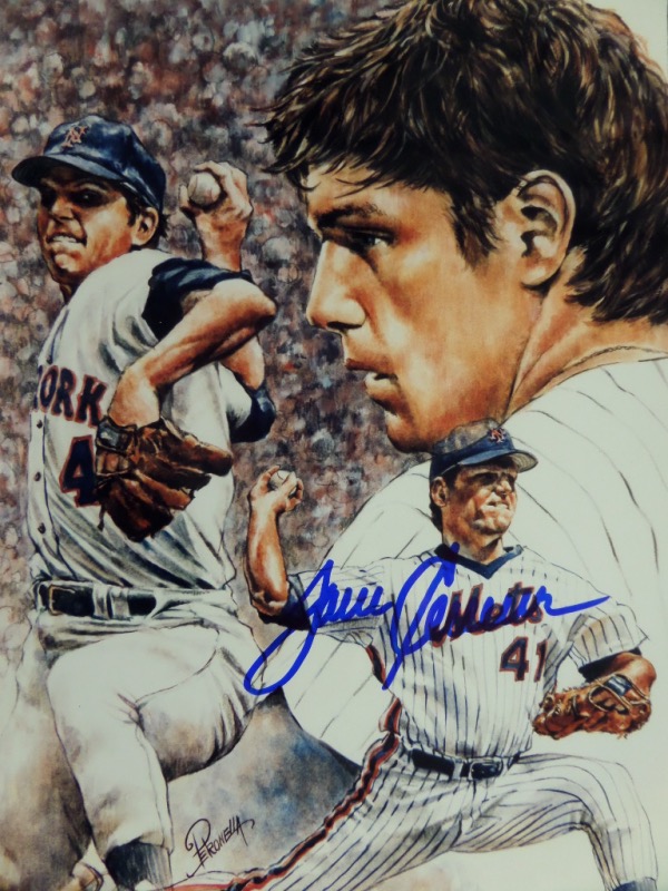 This full color 8x10 artist's color litho print is from an original artwork of Tom Seaver by renowned sports artist Michael Petronella.  There are three great looking images of Tom Seaver with the NY Mets, and comes hand-signed in bold blue sharpie by the 3 time Cy Young winner and HOF hurler himself.  The signature is a PERFECT 10, no kidding, and with Seaver no longer with us, retail is well into the hundreds!