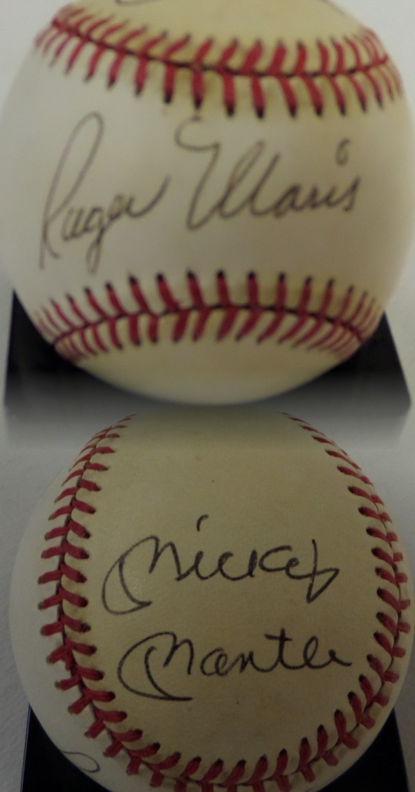This vintage Official American League ball from Rawlings is in VG+ condition overall, and comes hand-signed in black ink by the 1-2 Yankees combo that brought the team championships in 1961 and 1962, Mickey Mantle and Roger Maris.  Maris is on the sweet spot and Mantle on the top panel, each grading a 8 or better, and with both men long gone, retail is low thousands!