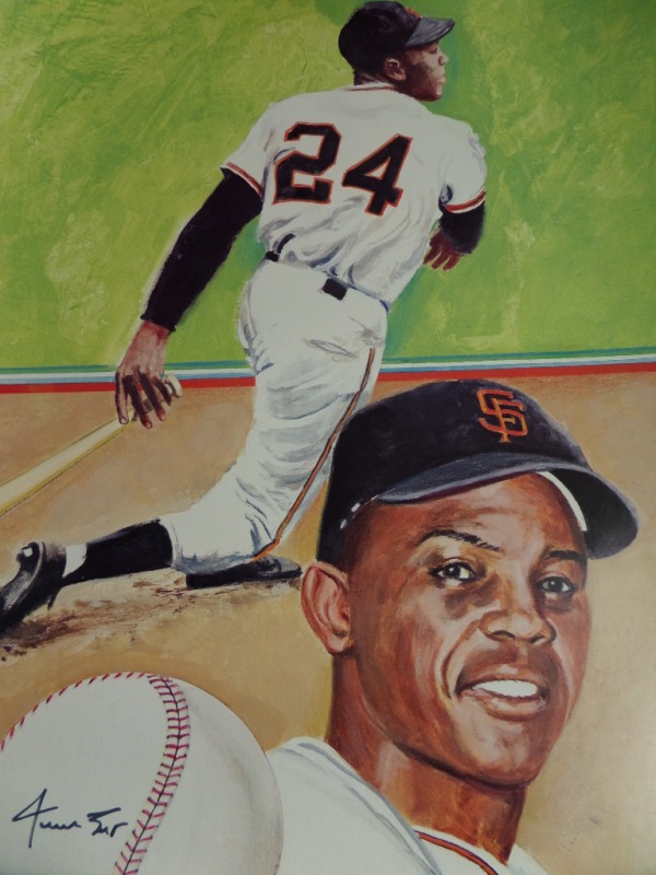 This full color 17x23 artist's litho print is from an original 1982 Willie Mays artwork by R.T. Handville.  It shows two fabulous images of the Giants HOF great, and comes black sharpie-signed by the man himself.  Comes with a COA from JLA Authentics for certainty, and retail is mid hundreds!