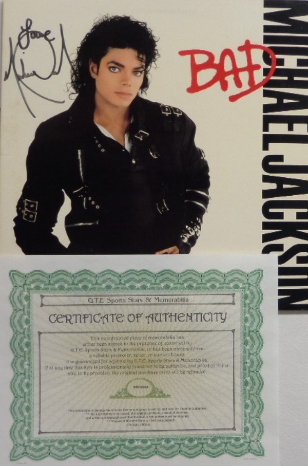 This original 1987 copy of "Bad" from Michael Jackson is still in EX+ overall condition, and comes hand-signed on the front cover in black sharpie by the King of Pop himself.  Signature grades about a 7.5, and comes certified by GTE Sports Stars & Memorabilia.  Valued well into the hundreds!
