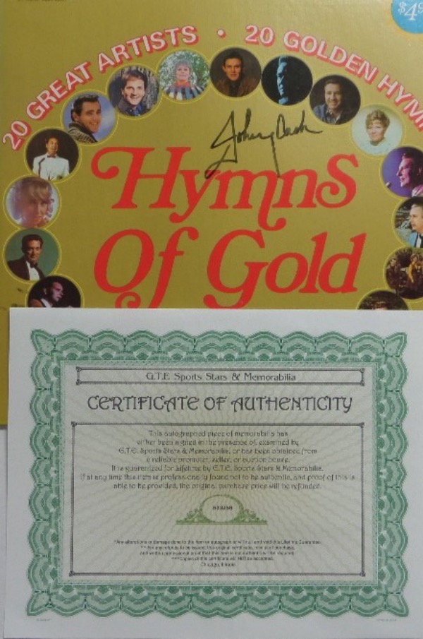 This original "Hymns of Gold: 20 Great Artists 20 Golden Hits" LP album is still in EX overall condition, and comes hand-signed in black felt tip marker by country music icon, Johnny Cash.  Signature here grades an overall 7, and is certified by GTE Sports Stars & Memorabilia for authenticity purposes.  Valued well into the hundreds!