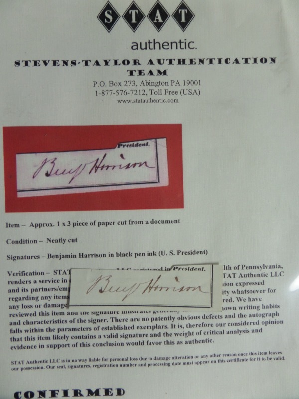 This black ink signature is a signature cut, about 1x3 in size, and grading a legible 8 or so. It comes with a full Ted Taylor Stat Authentic LOA, and value is many times our asking price. Terrific "Great American" buy and hold political investment, and sold with NO reserve. 