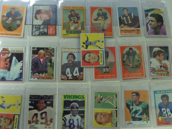 This neat lot includes 22 football cards from thr 50's thru 70's with MOST STARS and condition EX--NM/MT. Included are 2--1981T Phil Simms, 79T Tarkenton, 71T Alan Page, 69T Joe Kapp, 72T Carl Eller, 61F Bobby Mitchell, 57T Chandler, Rashad, Robustelli, Leroy Kelly, etc. Great lot for vintage FB collectors.