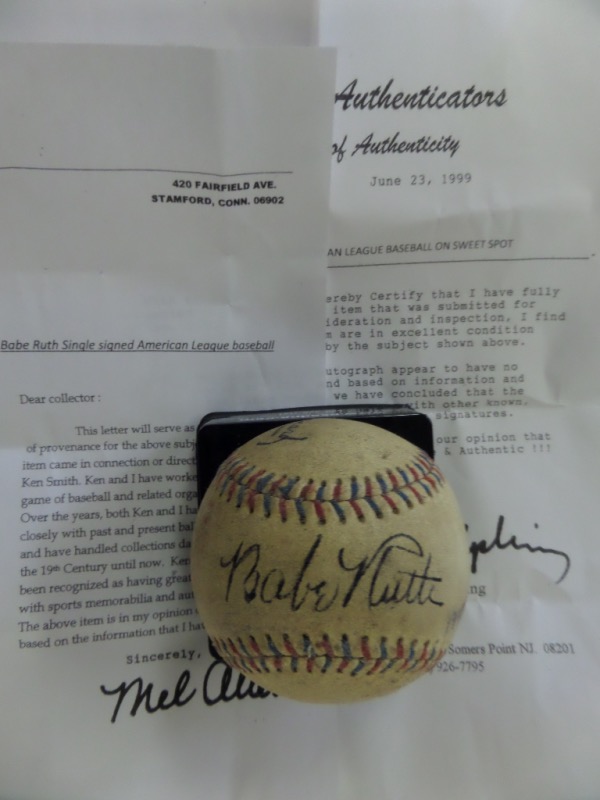 This official American League ball is in VG+++ shape overall and comes sweet spot signed wonderfully in black ink by the baseball GOAT. The ball has the red & blue stitching and the signature shows off superbly to grade a legible 6.5-7 on the RARE ball!! Comes with 2 COA's, 1 each from Mel Allen and East Coast Authenticators. Retails in the high 5 figures!