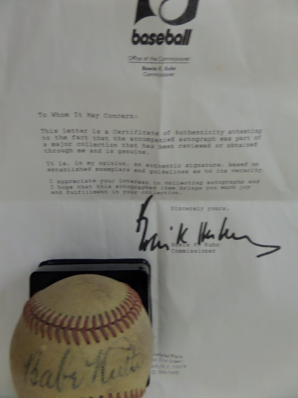 This vintage ball is an official NL (Ford Frick) ball in G shape overall and it comes signed across the sweet spot very nicely by the Babe in black ink.  The autograph still grades a solid 5 overall after all these years and the beauty comes with a COA from Bowie Kuhn as it was part of his collection.  Super high retail value and NICE!