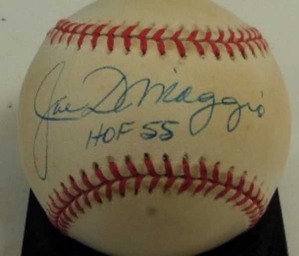 This OAL (Budig) ball is in VG+/EX shape overall with some light toning and comes sweet spot signed superbly in blue ink by Joe D with HOF 55 included!  It comes with an original COA from Ken Goldin at Scoreboard for authenticity purposes and retails in the high hundreds. 
