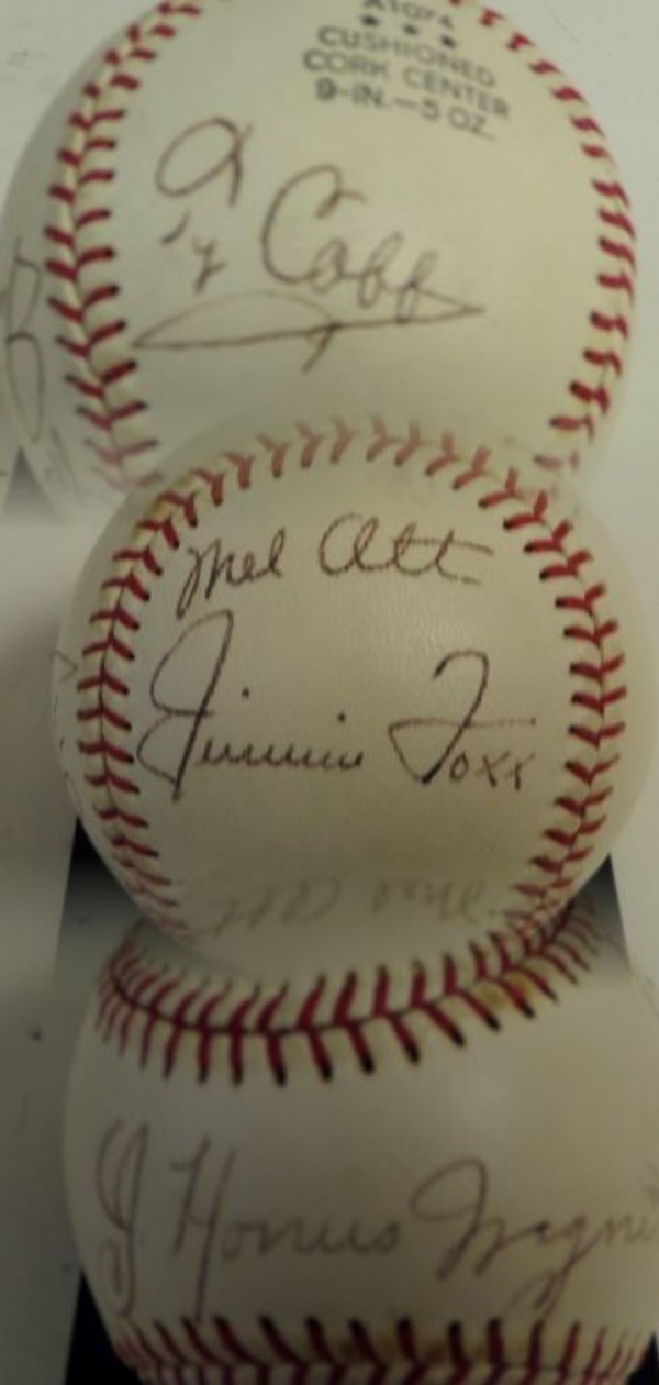 This vintage all leather ball is marked by Wilson and comes black ink signed by 4 o the all-time great Cooperstown residents. I see autographs from Ty Cobb, Honus Wagner, Mel Ott and Jimmie Foxx, and overall, and honest 6.5 or better is in order here. Great chance, one of a kind HOF collectible, and easily valued well into the thousands. 