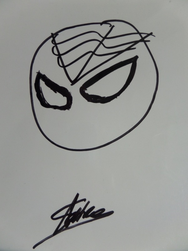 This 8x10 Spiderman head drawing is all in Stan's hand, all in bold black marker, and comes hand signed across the bottom by the deceased creator. Neat piece, value is upper hundreds, and framing is a must-do. 