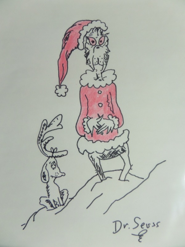 This high end 1970's work is all in his hand, shows the Grinch and his dog dressed for Xmas, and measures a larger than normal 8x10 in size. It is mostly black flair marker, but does have some red mixed in for color, and comes hand signed across the bottom as an added bonus by the deceased kids book rhyming writer. 