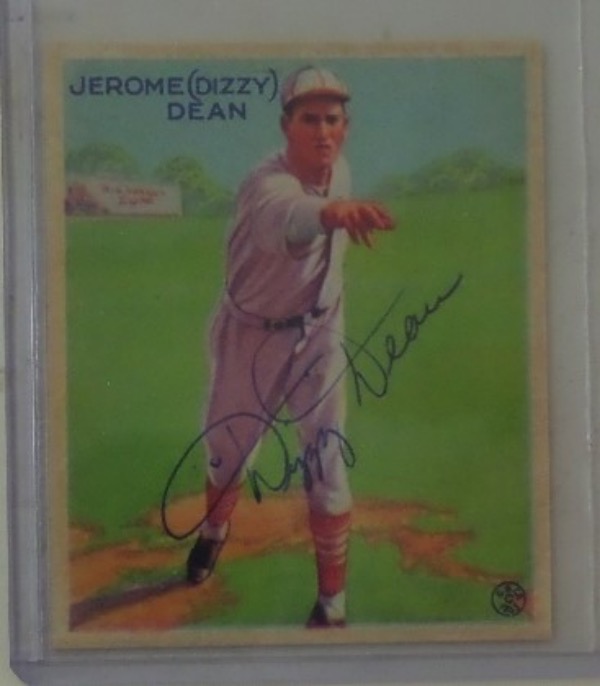 This rare Goudey card is from the 1933 set and shows Jerome (Dizzy) Dean on it.  Great coloring and the card comes signed by Dizzy in blue ink!  I would grade the card without the autograph as a 6.5-7 overall. High book value here!