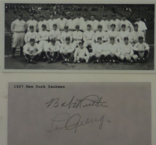 This blank-back photo-card is thick stock and in EX shape overall! It shows the legendary 1927 team on it and comes signed on the reverse blank side by BOTH of these legends in pencil. Autographs grade solid 7's overall at least and the gem BEGS to be matted/framed and shown off. 