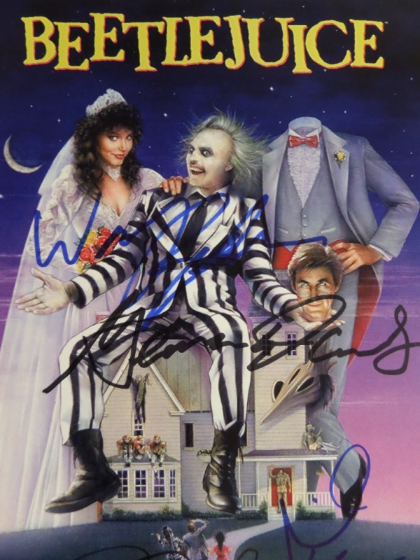 This full color 8.5x11 print from an original "Beetlejuice" movie poster is a perfect size to frame and display.  It is hand-signed by four of the film's stars, including Michael Keaton, Winona Ryder, Geena Davis and Alex Baldwin.  A colorful display, and an ideal addition to any movie collection!