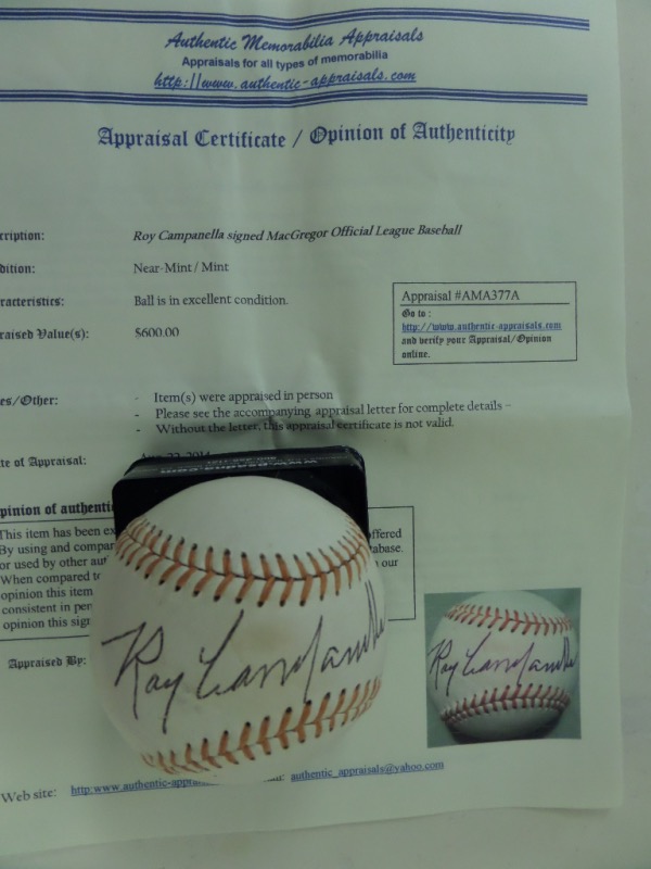 This vintage MacGregor Official League baseball is cubed in EX shape overall and it has been sweet spot signed in black ink by this deceased baseball legend. The post-accident signature shows off very nicely and grades a solid 7.5 overall. It comes with a professional appraisal/COA from Authentic Memorabilia Appraisals that lists the value at $600.00!!!