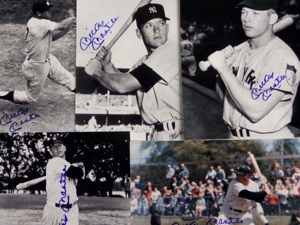 This fantastic dealer's/collector's chance is FIVE Mickey Mantle 8x10's, each different, including 4 black and whites and one color that is also facsimile signed in addition to being actually autographed.  Each photo is autographed in bold blue sharpie by the deceased HOF centerfielder and '56 Triple Crown winner, and each is individually "GAI" certified for authenticity purposes.  The black and white photos each possess their own COA's, while the color photo just sports a sticker.  Terrific lot, with a book value at $1250.00!!!